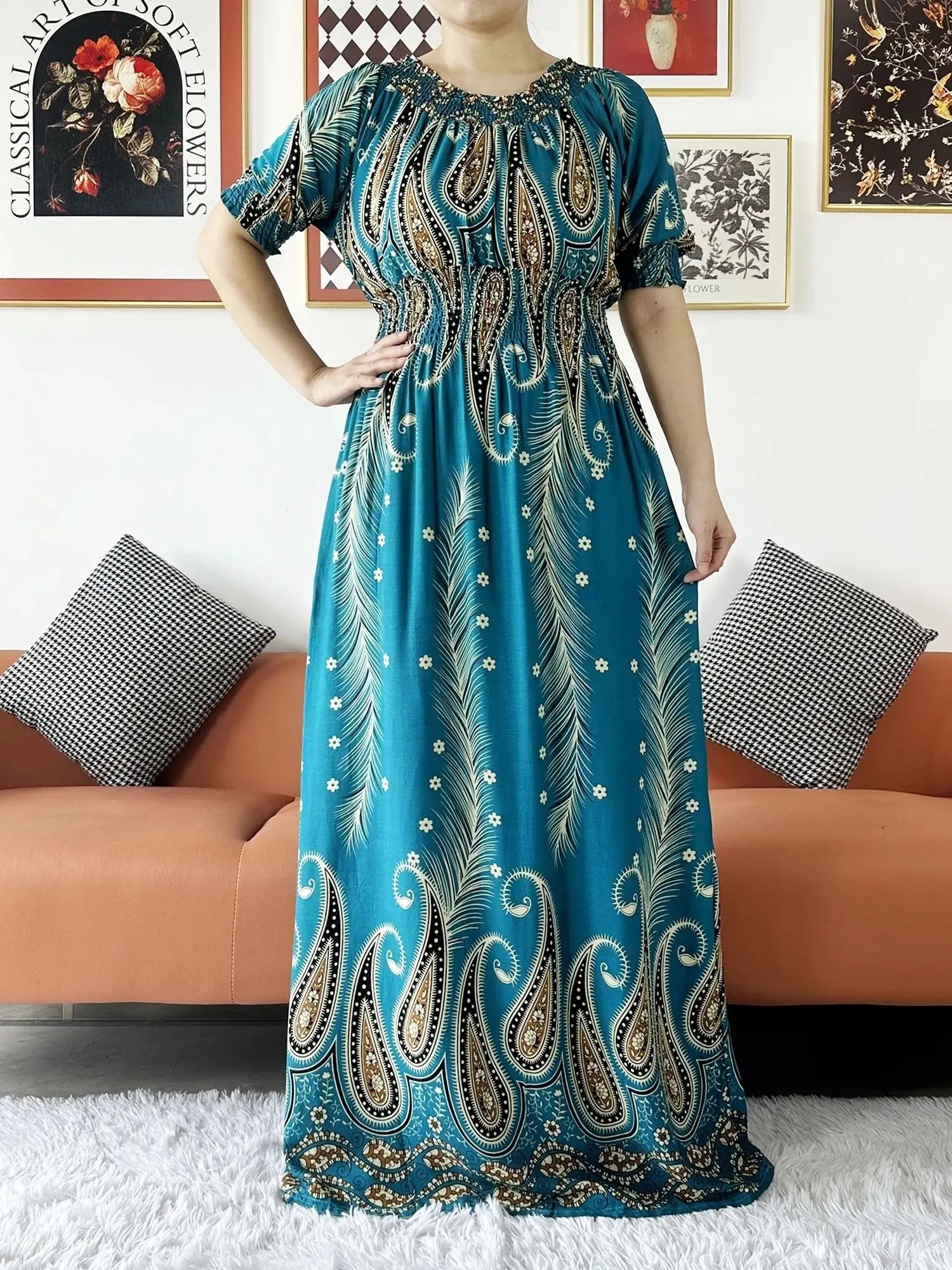 Women Party Dress Muslim Summer Short Sleeve Long Dress Collect Waist Floral Boubou Maxi Islam Women Dress African Abaya Clothes