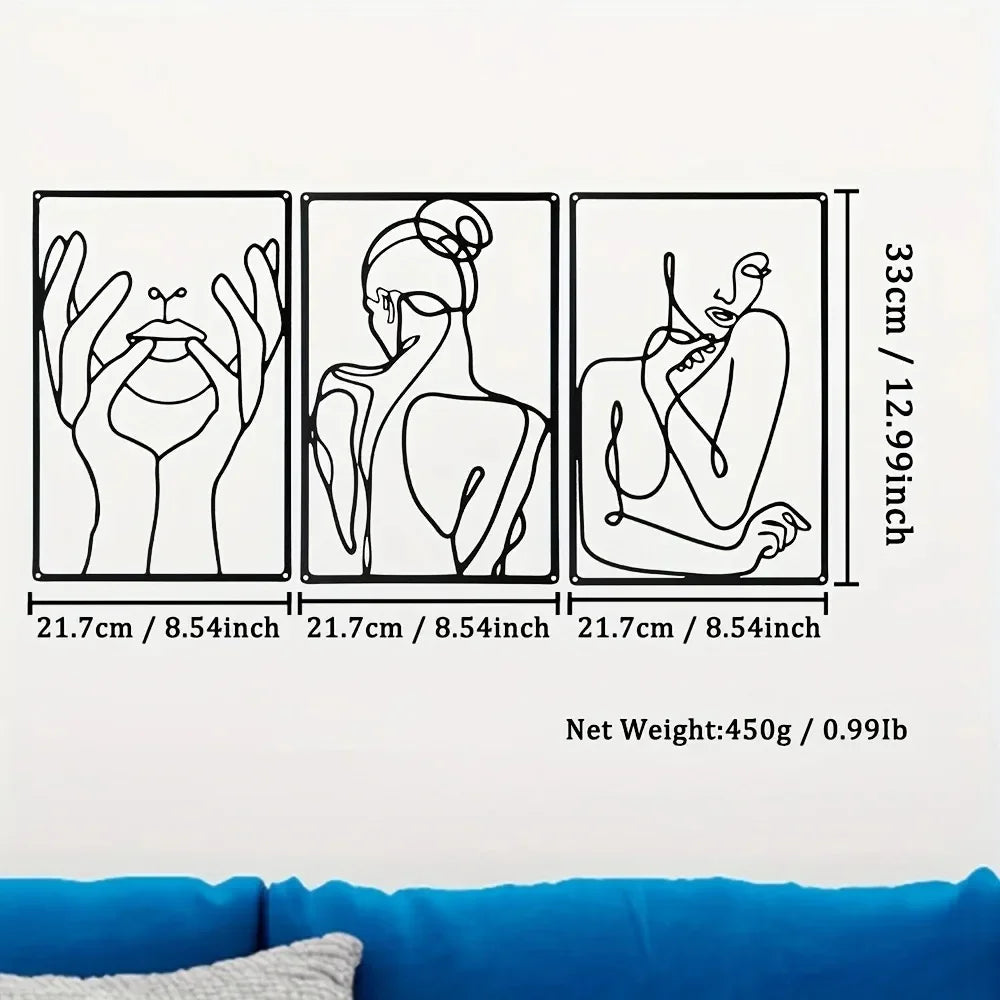 Décoration murale en métal 3 pièces, dessin au trait abstrait, décoration pour cuisine, salle de bain, salon et salon, décoration murale en métal à suspendre