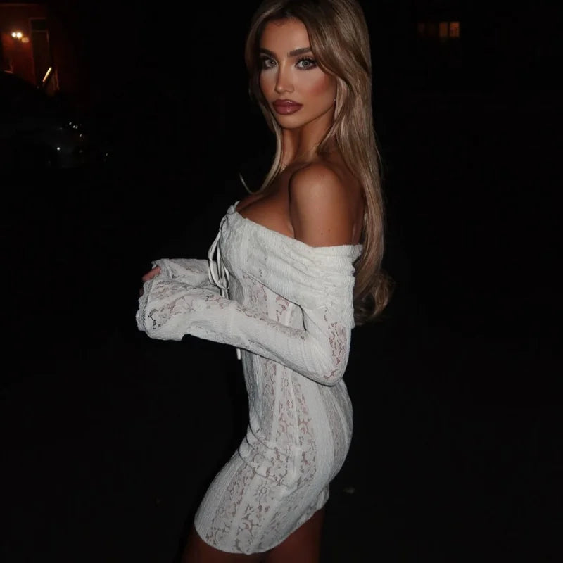 Sexy Women Hollow Out Slash Neck Lace Flared Sleeve Long Dress Elegant Laced Up Slim Fit Robes New Lady Evening Party Vestidos