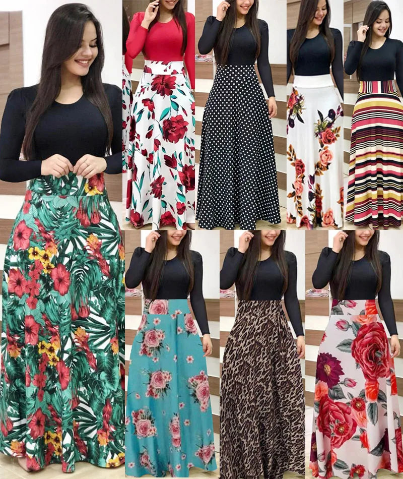 Elegant Women's Long Dress Flower Retro Printed Patchwork Long Sleeve Banquet Maxi Robe S-5XL