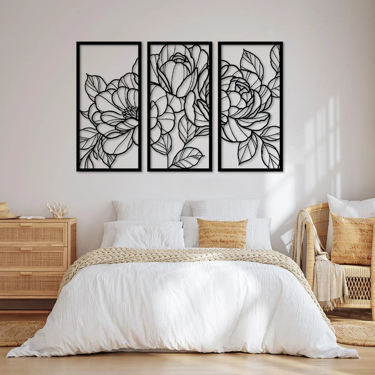 Décoration murale minimaliste en bois avec fleurs dorées et motif floral, art mural moderne abstrait, dessin au trait, 3 pièces à suspendre