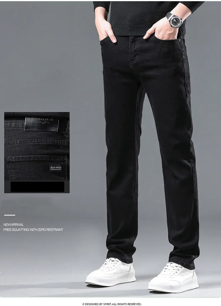 2025 Spring New Men's Straight Jeans Elastic Pant Classic Smoke Gray Casual Wear Mid Waist Casual Trousers Black Male Brand