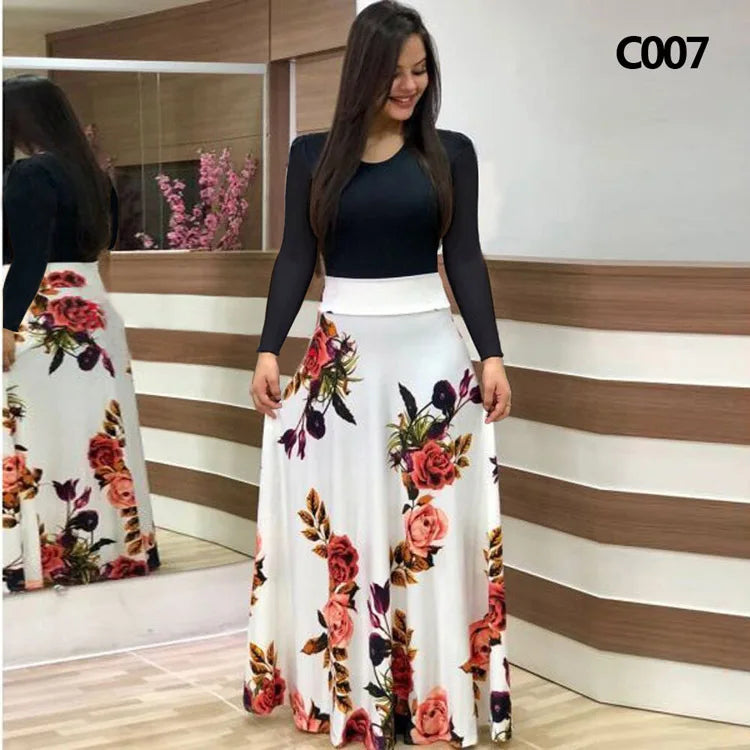 Elegant Women's Long Dress Flower Retro Printed Patchwork Long Sleeve Banquet Maxi Robe S-5XL