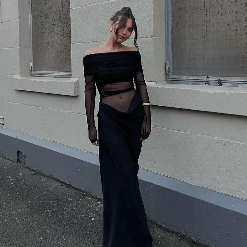 Tuularose Sexy Mesh Hollow Long Dress Women's Sexy One Shoulder Long Sleeve Patchwork Resort Dress Summer Party Evening Dress