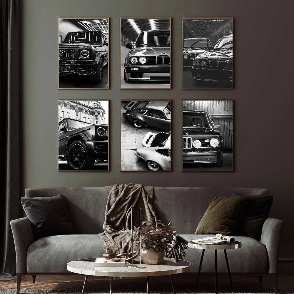 Affiche de voiture de luxe en noir et blanc, décoration murale moderne et tendance, affiche HD, décoration pour la maison, le bar, le café, peinture murale