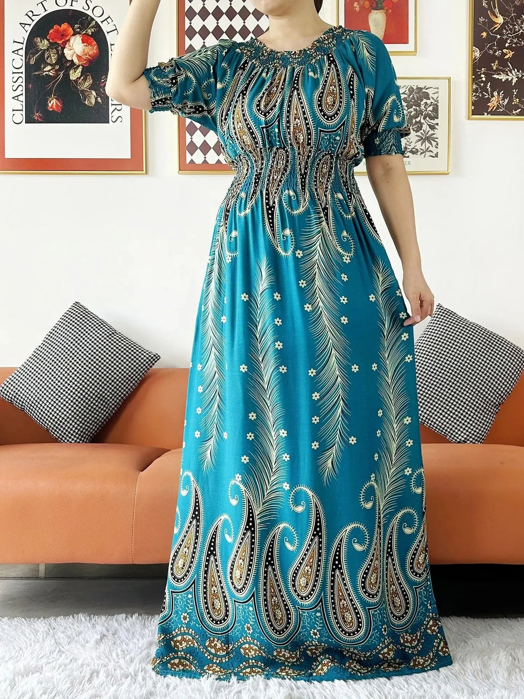 Women Party Dress Muslim Summer Short Sleeve Long Dress Collect Waist Floral Boubou Maxi Islam Women Dress African Abaya Clothes