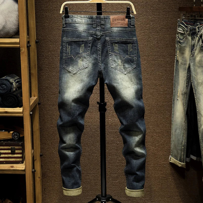 Jeans Mens Denim Pants Slim Fit Retro Stretch 2024 Spring and Autumn Trousers for Man Streetwear Moto Biker Jeans High Quality