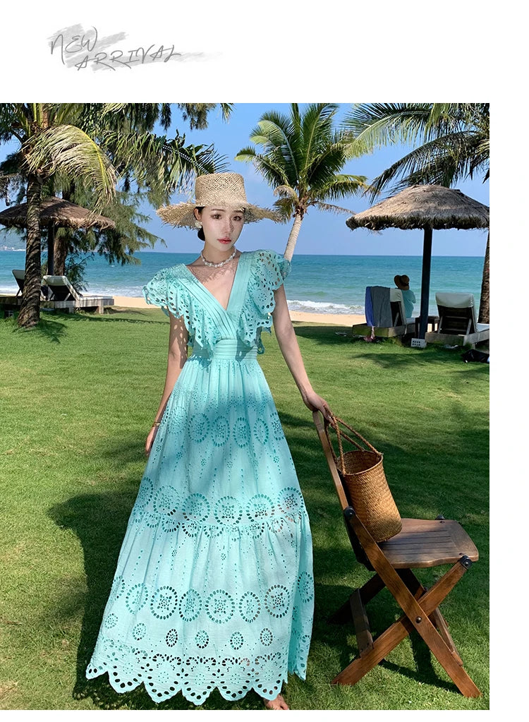 SMTHMA High Quality Hollow Out Embroidery Long Dress Women Sexy Deep V-Neck Ruffle Elegant Summer Dresses Female Clothing