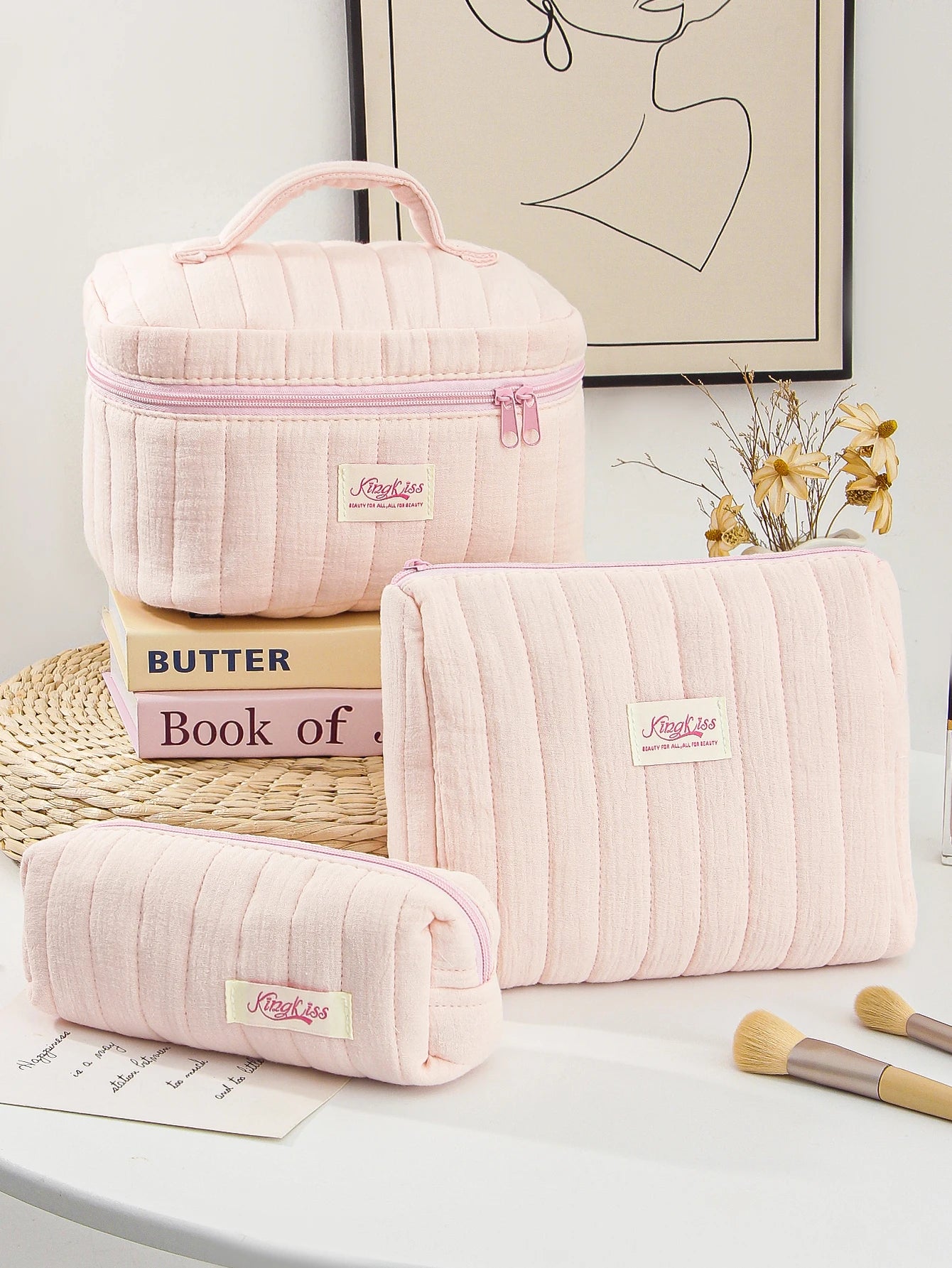 1pc/set pink quilted makeup bag, multifunctional makeup bag, handheld makeup bag, portable makeup bag set with zipper