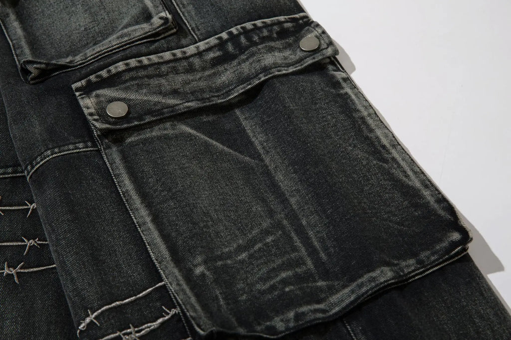 Trendy Brand American Retro Tooling Jeans Mens High Street Heavy Industry Embroidery Loose Wide-leg Trousers