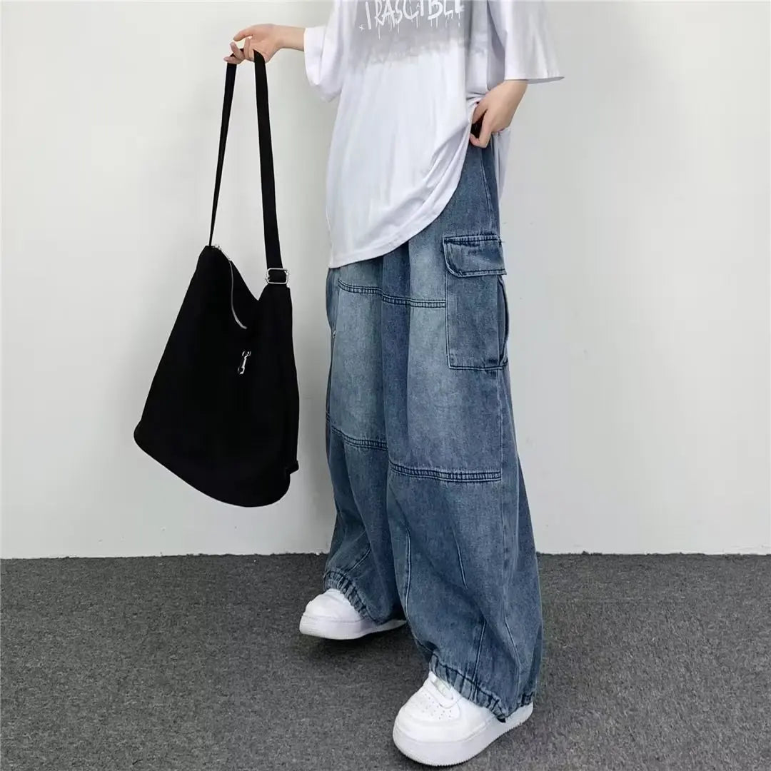 New Men's Wide-leg Jeans Casual Trendy Large Pocket Denim Pants Four Seasons Loose Straight Leg Casual Jeans Versatile Men Women