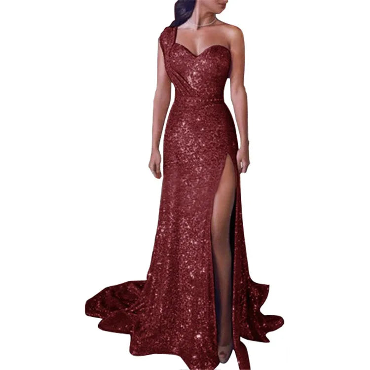 Explosive European and American women's sexy one-shoulder sleeveless gold hot dress slit long dress