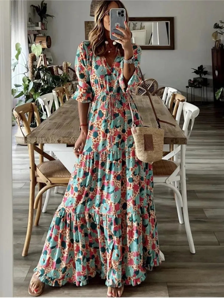 Women's Clothing Temperament Vacation Sexy V-neck Fashionable Printed Lace Up Seven Quarter Sleeve Large Swing Long Dress