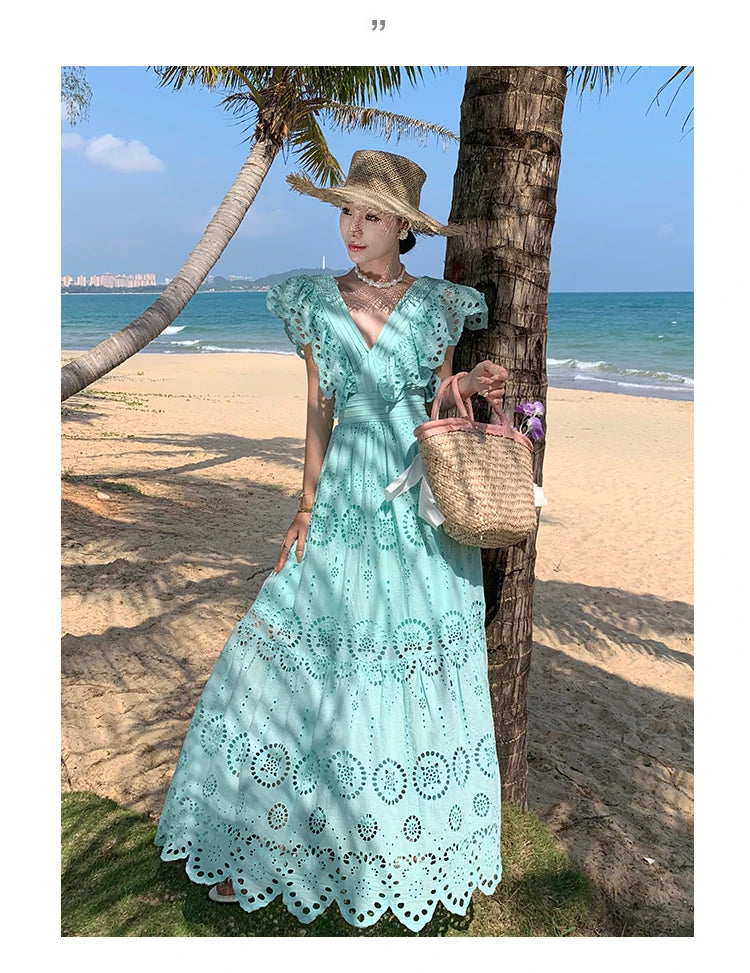 SMTHMA High Quality Hollow Out Embroidery Long Dress Women Sexy Deep V-Neck Ruffle Elegant Summer Dresses Female Clothing