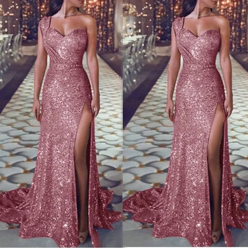 Explosive European and American women's sexy one-shoulder sleeveless gold hot dress slit long dress