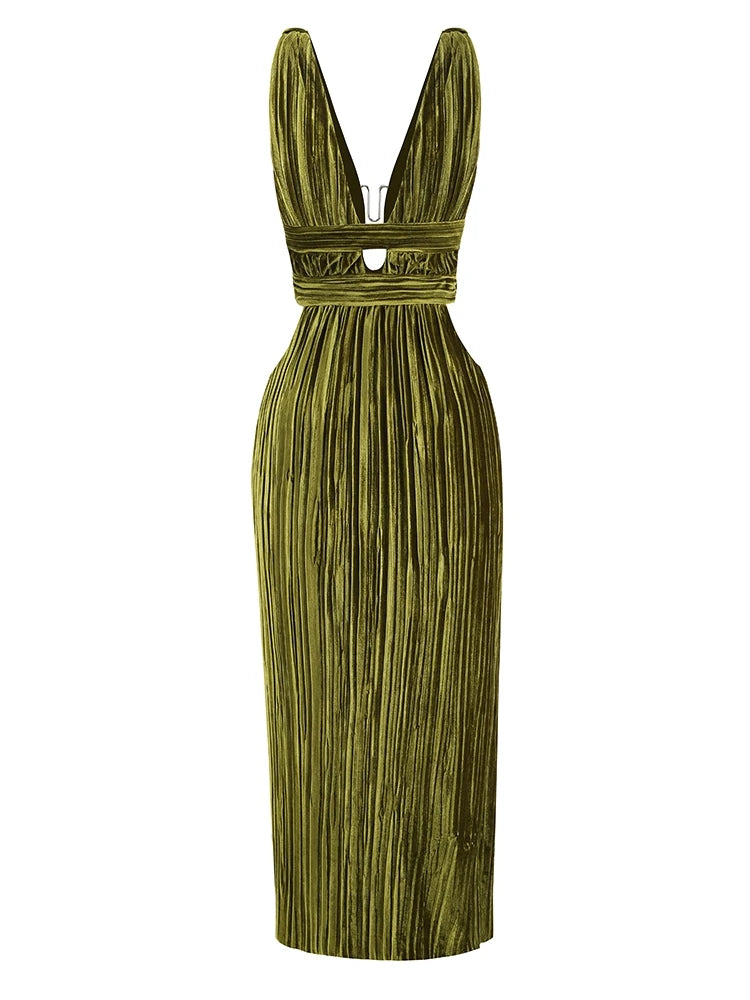 Sexy Sleeveless V Neck Hollow Out Long Dress Women Green Straps Backless High Waist Pleated Split Maxi Dress Party Evening Dres