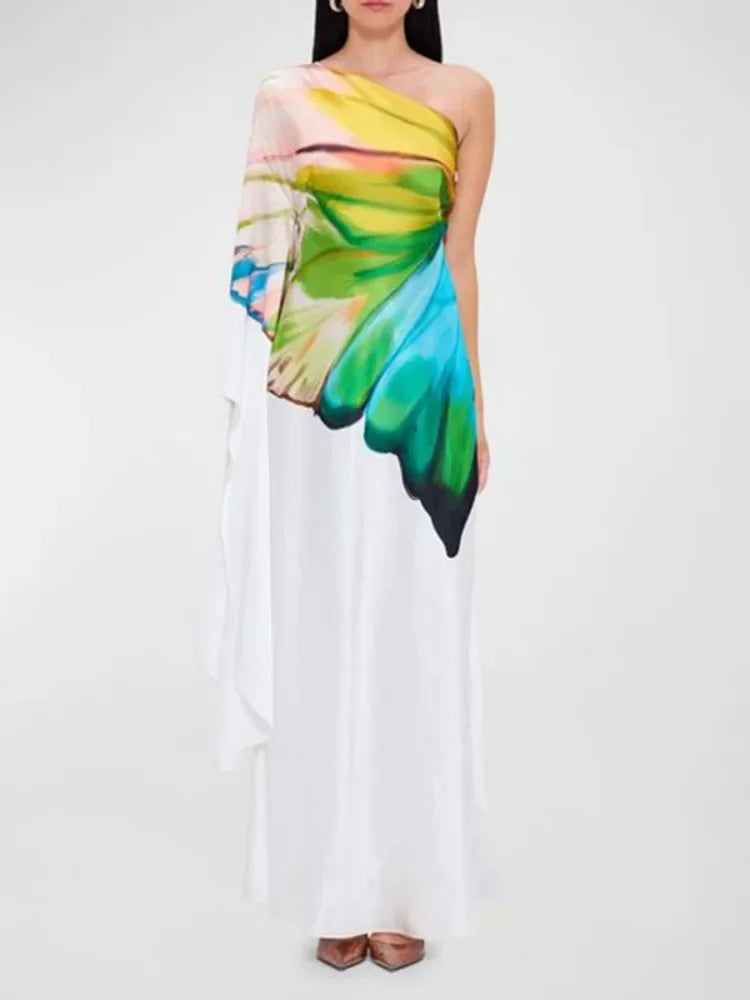 Gymystars Women's Printed Elegant Evening Dress One-shoulder Asymmetric High Waist Pleated Vintage Female Slim Long Dress