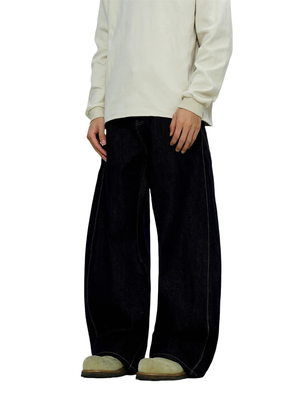 Washed Dark Jeans Men Top Stitch Retro High Street Loose Wide leg Scimitar Denim Pants Men Trousers