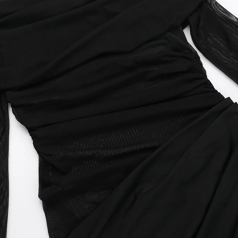 Tuularose Sexy Mesh Hollow Long Dress Women's Sexy One Shoulder Long Sleeve Patchwork Resort Dress Summer Party Evening Dress