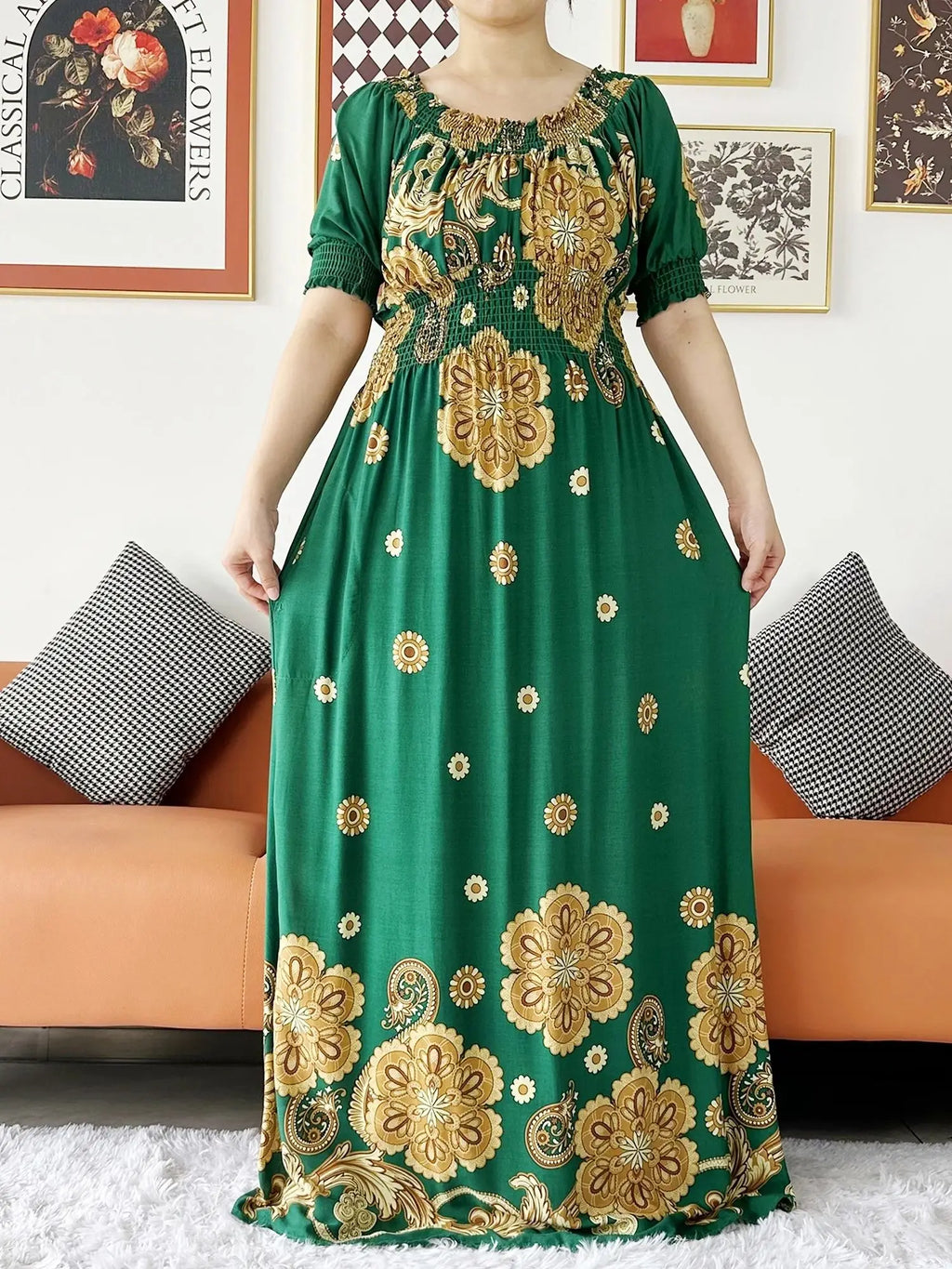 Women Party Dress Muslim Summer Short Sleeve Long Dress Collect Waist Floral Boubou Maxi Islam Women Dress African Abaya Clothes