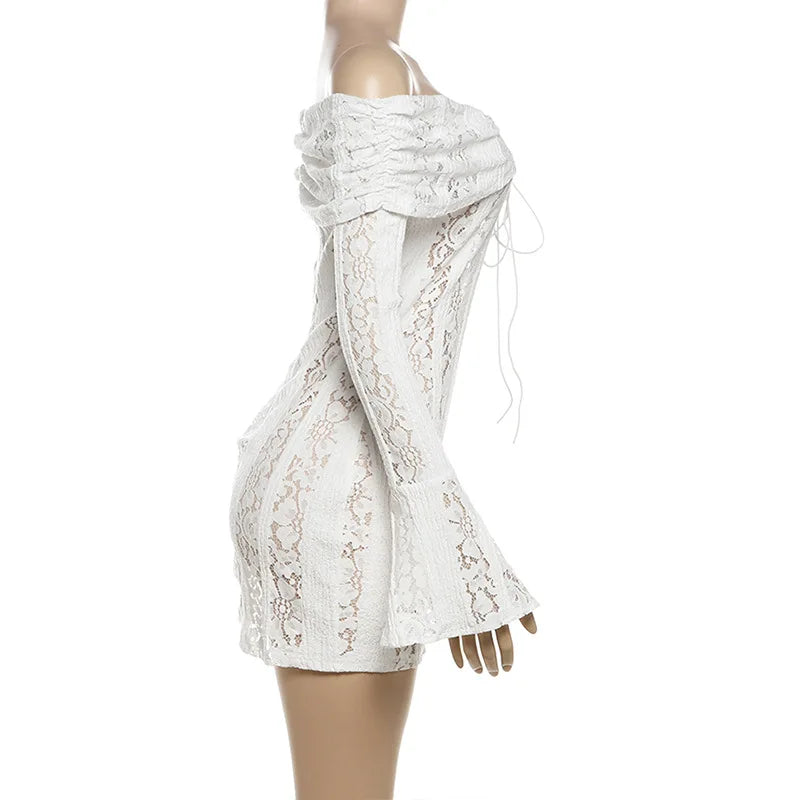 Sexy Women Hollow Out Slash Neck Lace Flared Sleeve Long Dress Elegant Laced Up Slim Fit Robes New Lady Evening Party Vestidos