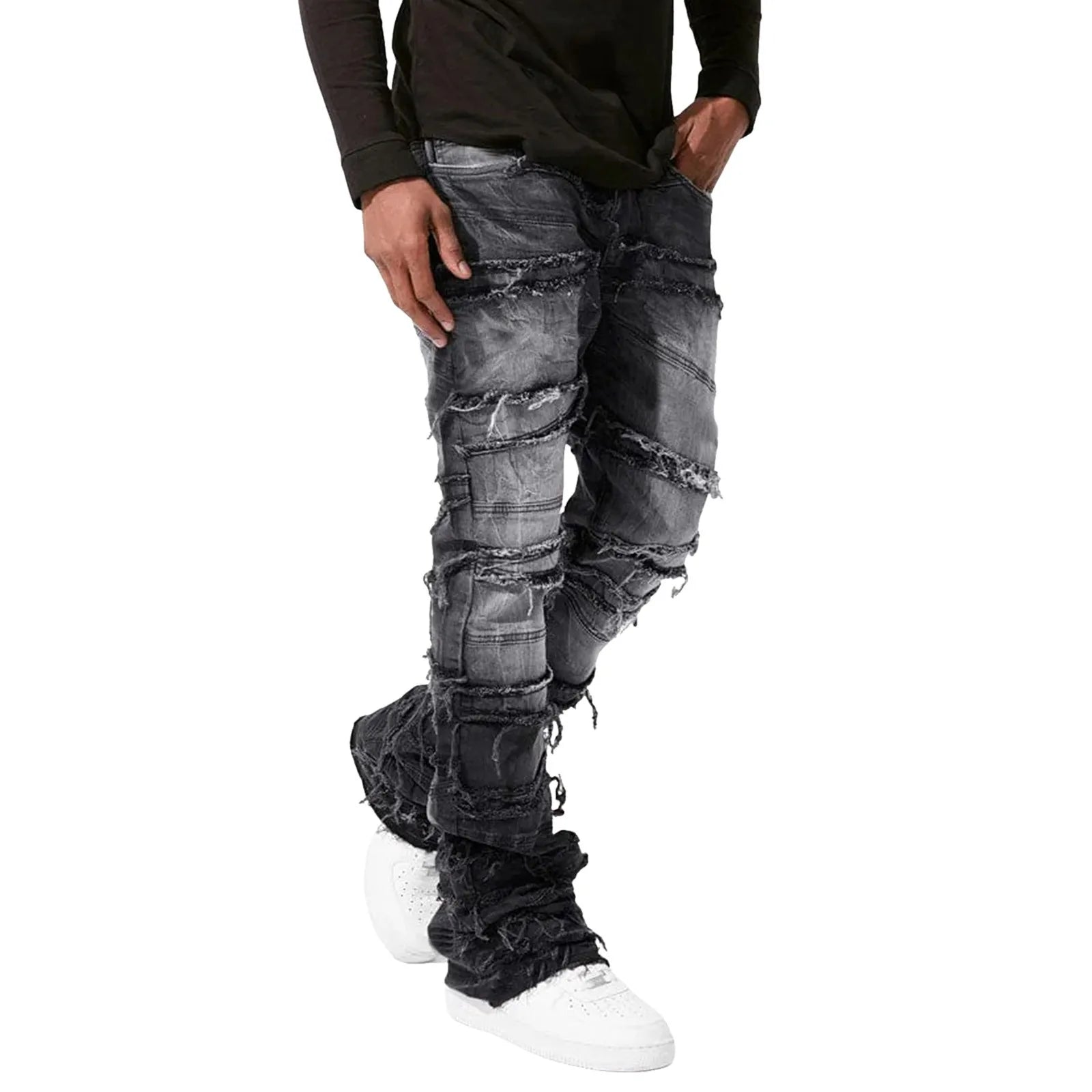Jeans For Men Stretch Fit Skinny Stacked Ripped Jeans Slim Fit Patch Denim Pants Slim Fit Trousers Streetwear