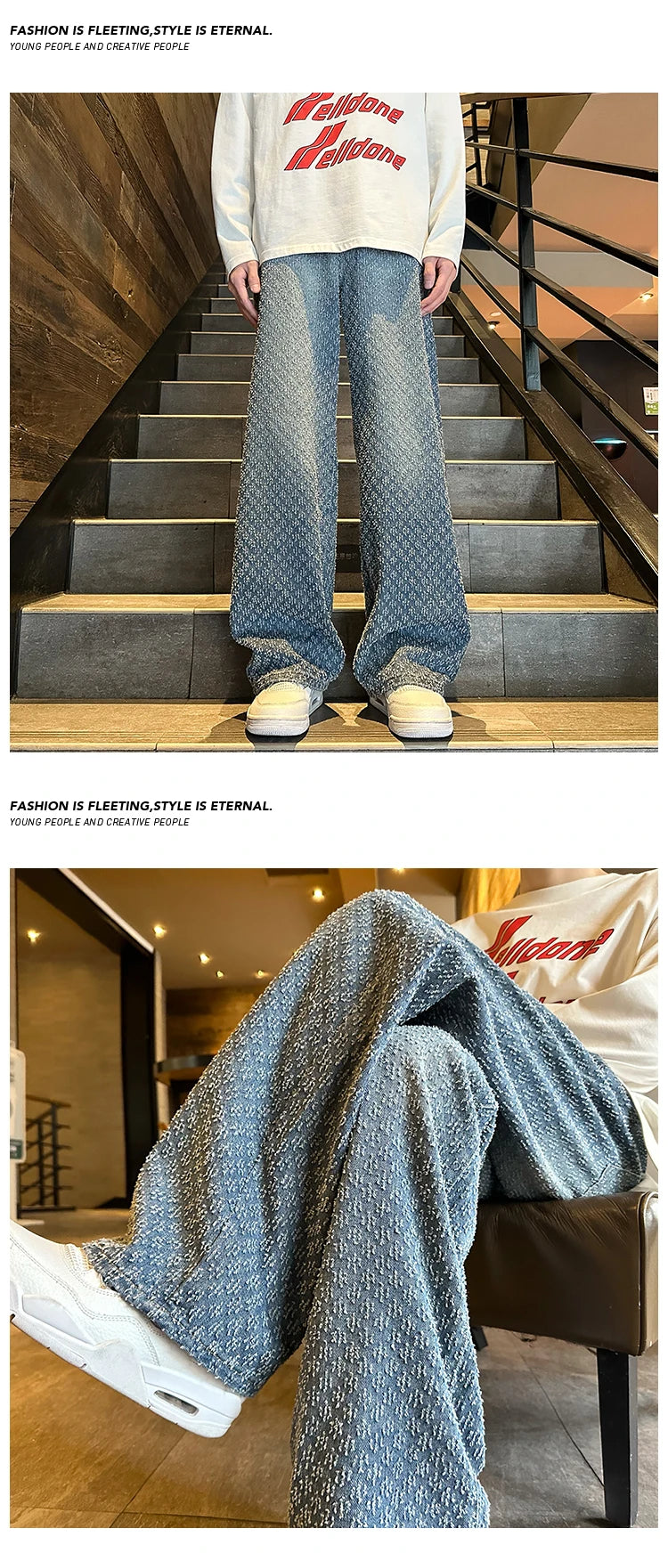 2024 Jeans men Fashion hombre Jacquard Pattern Denim Pants Male Straight Fitting Baggy Bottoms Distressed Wide Jeans For Men