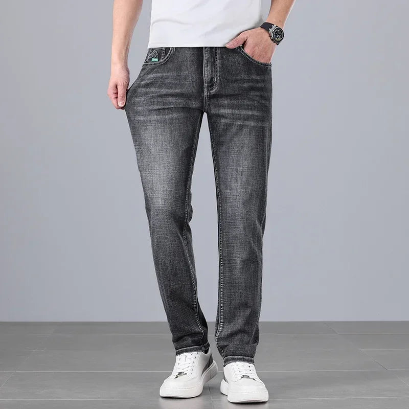 Men's Ultra-thin Stretch Casual Jeans New for Summer Business Fashion Straight Baggy Denim Trousers Blue Classic Style Male
