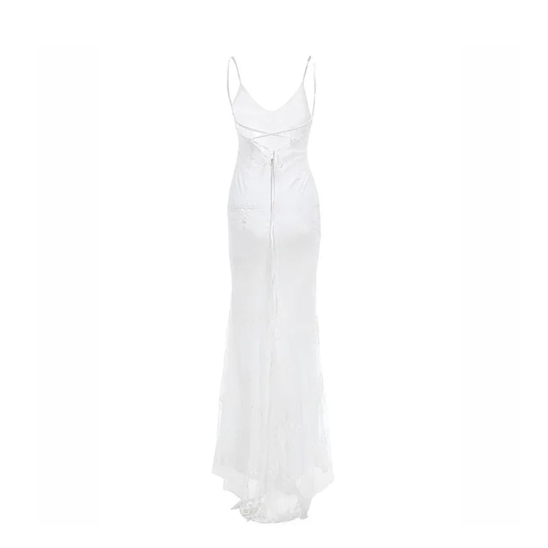 Women Party Long Dress Autumn Winter White Sexy Lace Dress V Neck Backless Lace Up Maxi Bodycon Dresses Vestidos Verano 2023 New