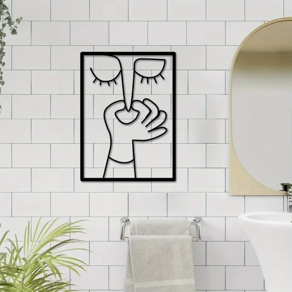 Tuvalet İçin Metal Duvar Sanatı: Minimal Çizgi Sanatı Tasarımıyla Komik Portre Banyo Tabelası ve Tuvalet Dekoru