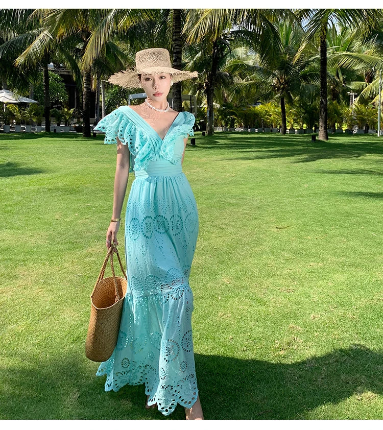 SMTHMA High Quality Hollow Out Embroidery Long Dress Women Sexy Deep V-Neck Ruffle Elegant Summer Dresses Female Clothing