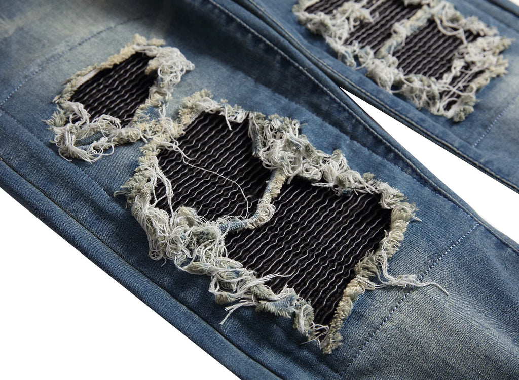 Jeans pour hommes High Street avec trous et pointes noires, jeans slim fit et pantalons pour hommes