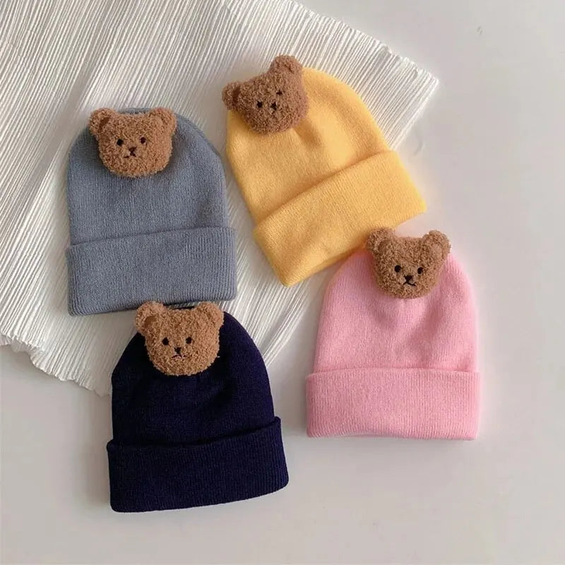 Cartoon Bear Baby Knitted Hat Autumn Winter Warm Newborn Infant Beanies for Boys Girls Soft Comfortable Toddler Kids Bonnet