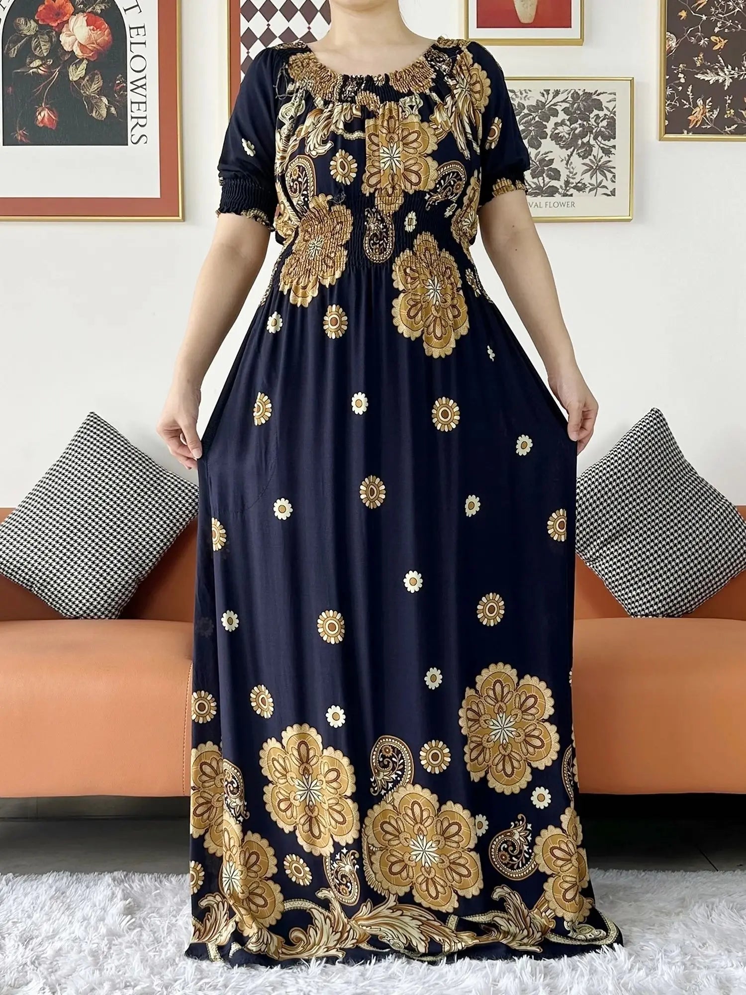 Women Party Dress Muslim Summer Short Sleeve Long Dress Collect Waist Floral Boubou Maxi Islam Women Dress African Abaya Clothes