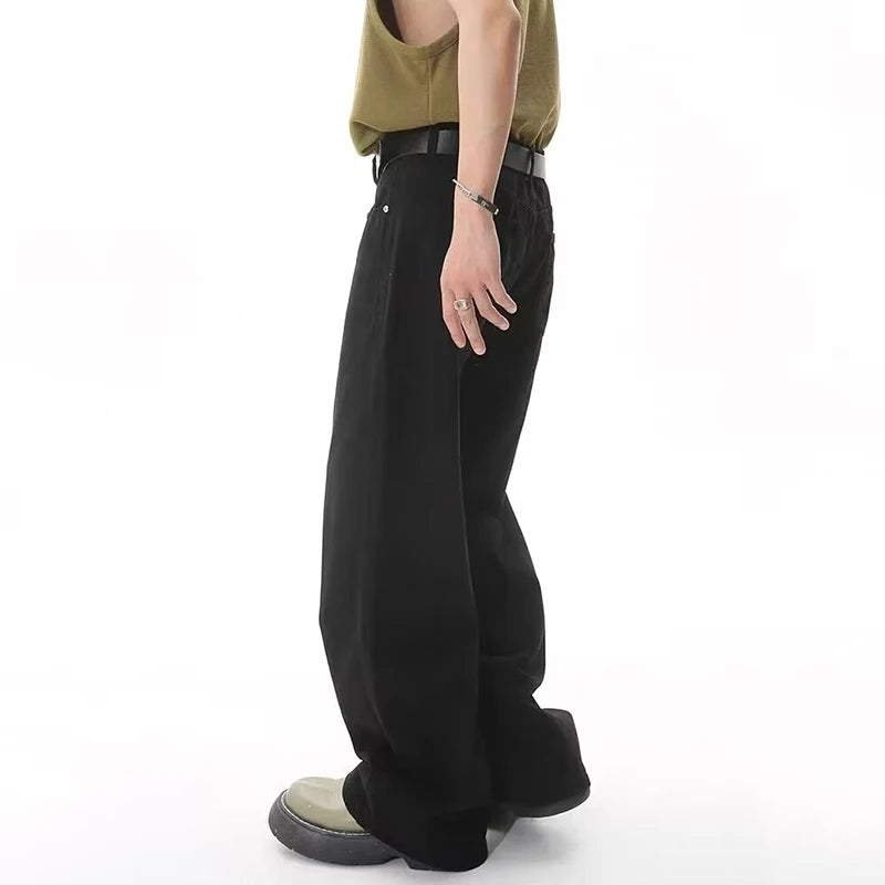 2024 Men Popular High Waist Straight Leg Jeans Male Simple Draping Wide Leg Denim Pants Brand Green Coffee Street Denim Trousers