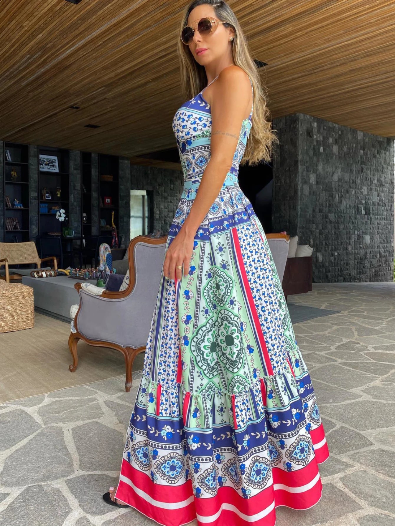2024 Summer Print Long Dress Women Clothing Lace Up Sling Party Dresses Pattern Strappy Ladies Hollow Out V-Neck Beach Vestidos