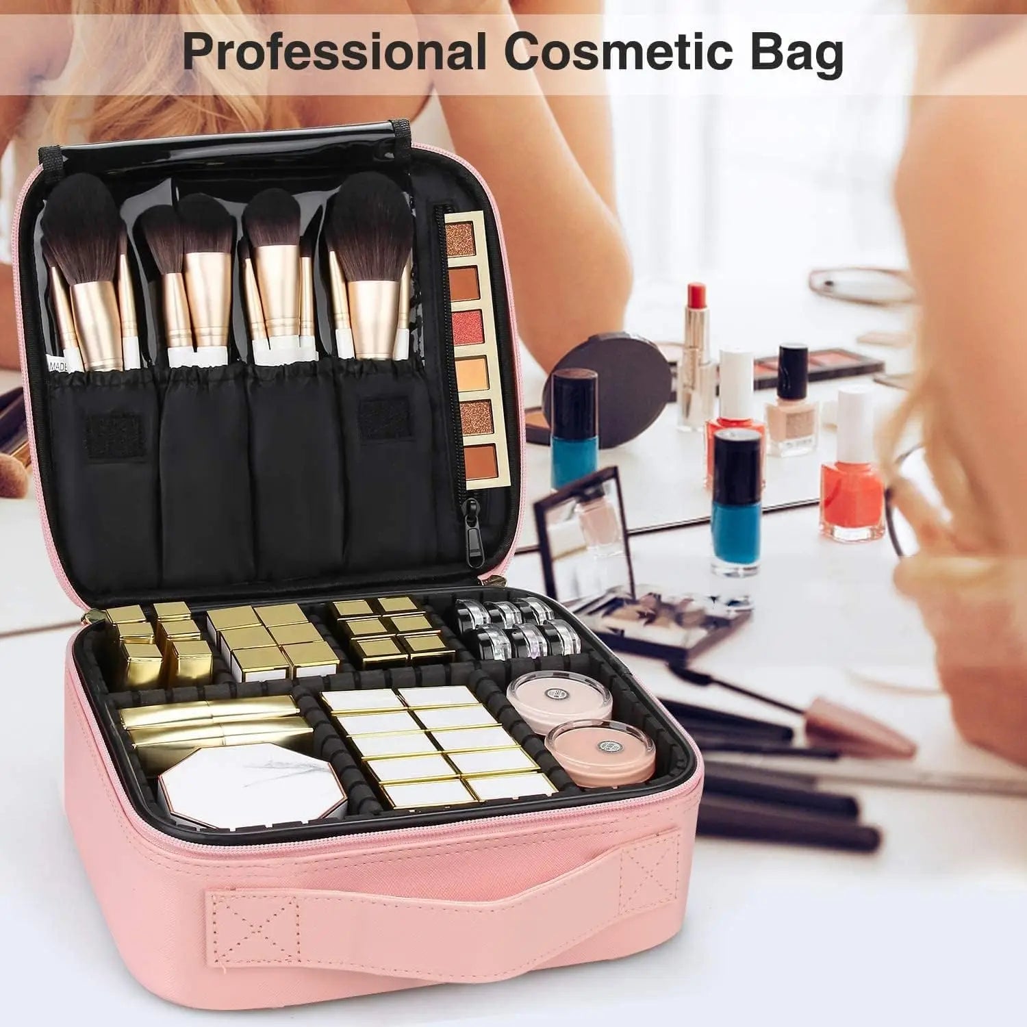Makeup Train Case Makeup Bag Cosmetic Case With Adjustable Dividers For Cosmetics Makeup Brushes Pink Travel Makeup Case