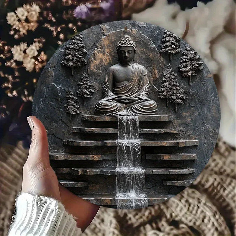 Décoration murale en métal représentant un Bouddha en méditation vintage, avec un moine serein et une cascade. Décoration murale pour jardin