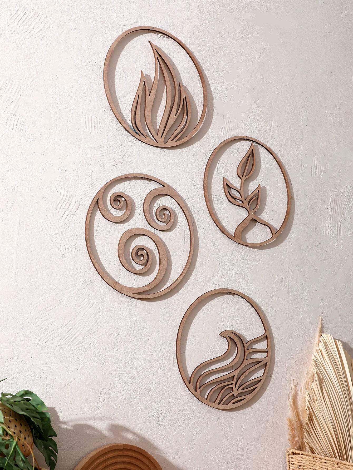 Décoration murale en bois naturel - Éléments de design (feu, eau, terre, air) Décoration murale suspendue en bois Accent mural bohème