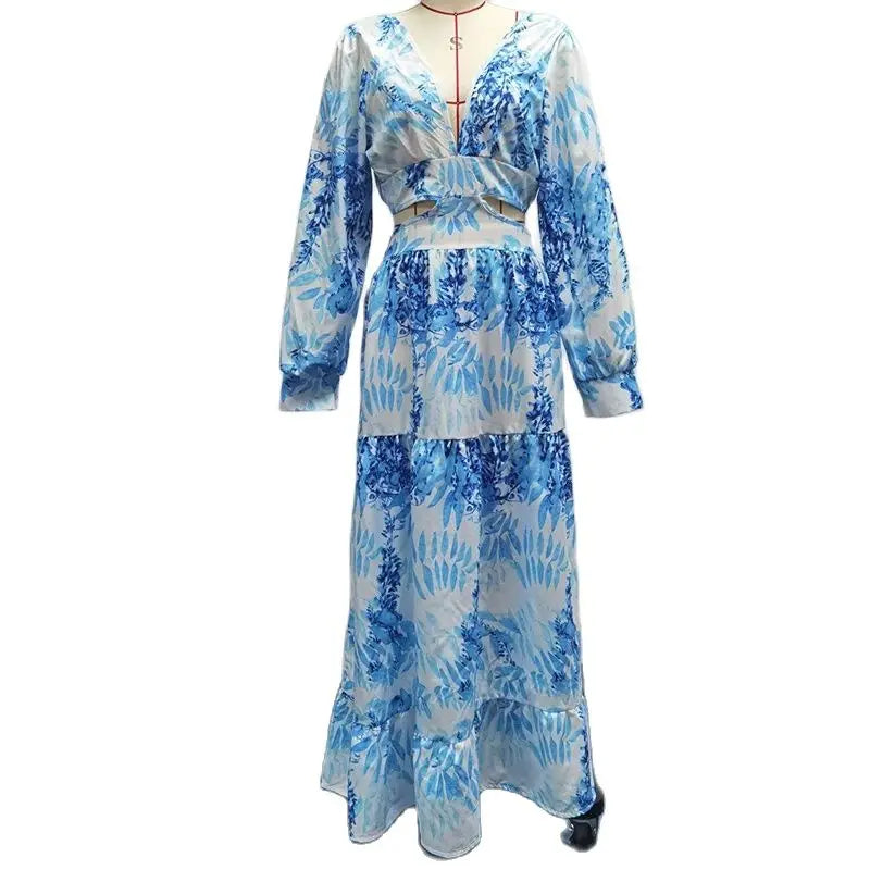 Spring Sexy Hollow V Neck Buttons Bohemian Dress Women Elegant Printed High Waist Long Dress Autumn Flare Long Sleeve Maxi Dress