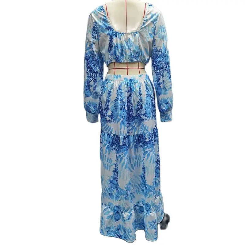 Spring Sexy Hollow V Neck Buttons Bohemian Dress Women Elegant Printed High Waist Long Dress Autumn Flare Long Sleeve Maxi Dress