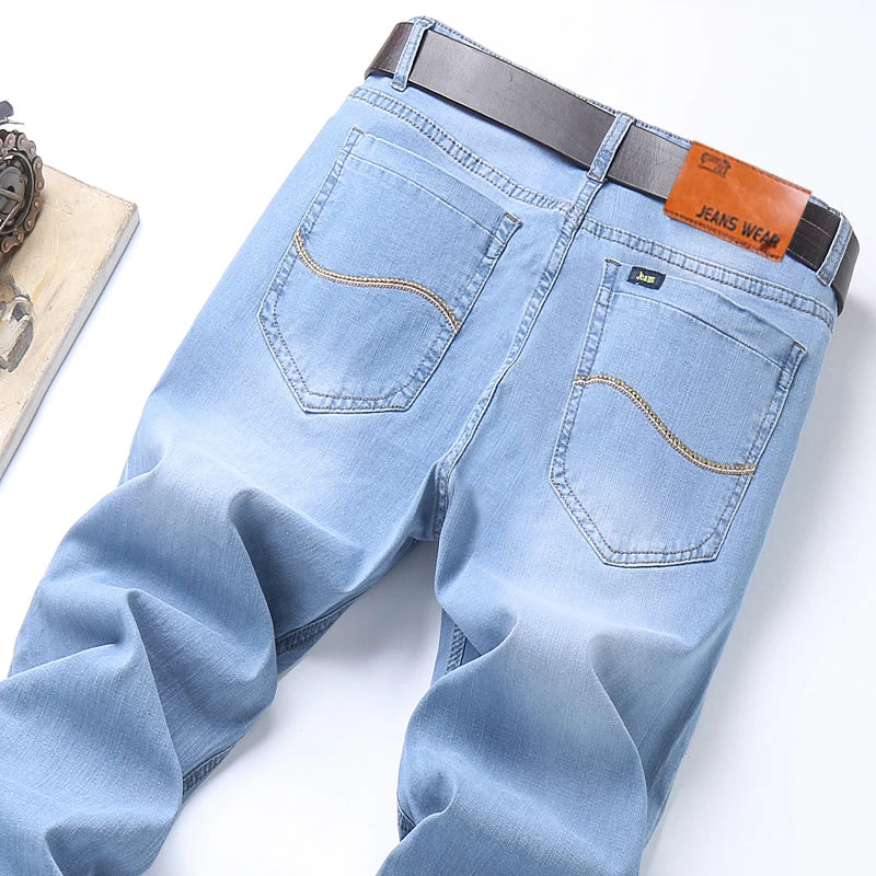 Men's Thin Jeans 2025 Summer New Style Business Casual Slim Fit Elastic Classic Style Trousers Sky Blue Pants Male size 28-40