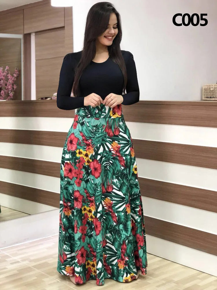 Elegant Women's Long Dress Flower Retro Printed Patchwork Long Sleeve Banquet Maxi Robe S-5XL