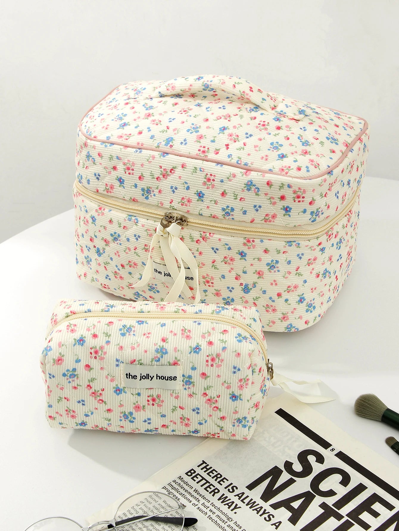1pc/set Corduroy Quilted Makeup Bag, Floral Makeup Bag, Makeup Toiletries Storage Bag, Fashion Portable Makeup Bag