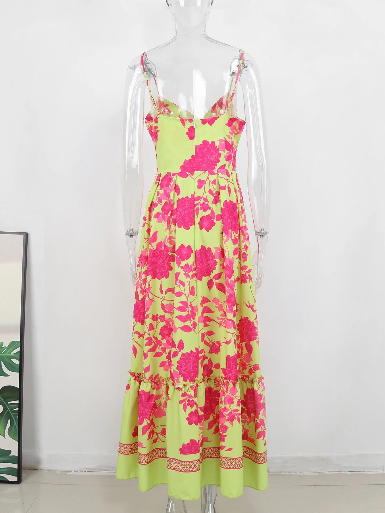 2024 Summer Print Long Dress Women Clothing Lace Up Sling Party Dresses Pattern Strappy Ladies Hollow Out V-Neck Beach Vestidos