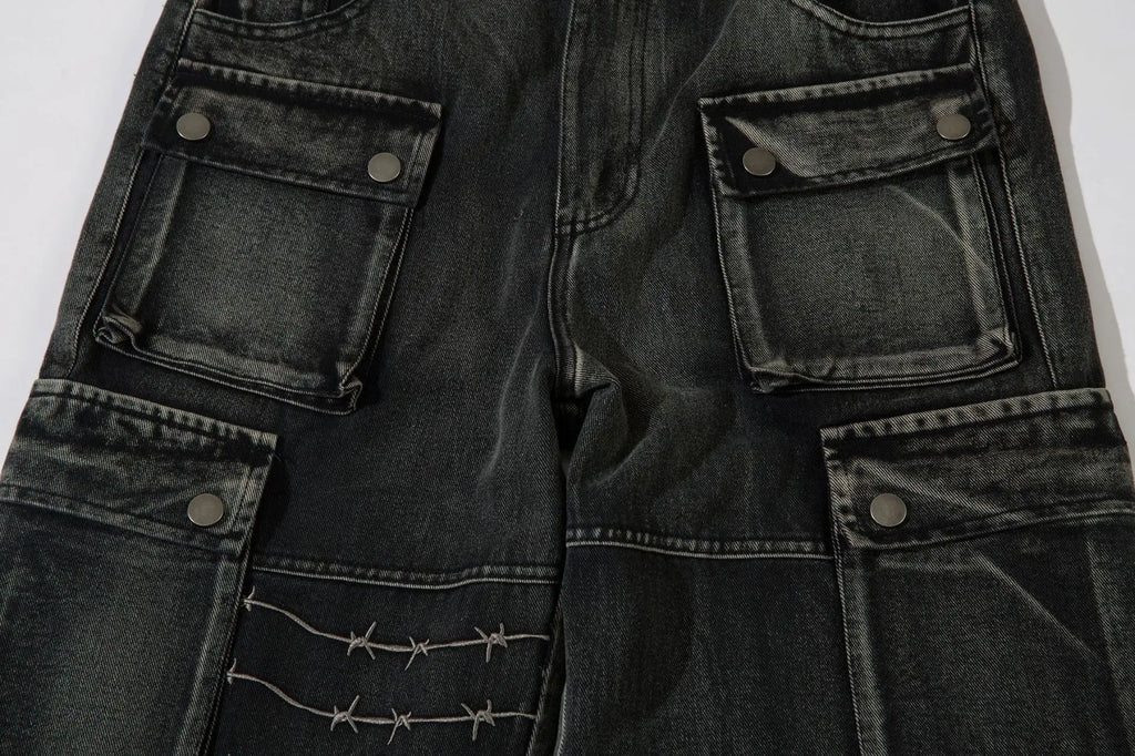 Trendy Brand American Retro Tooling Jeans Mens High Street Heavy Industry Embroidery Loose Wide-leg Trousers