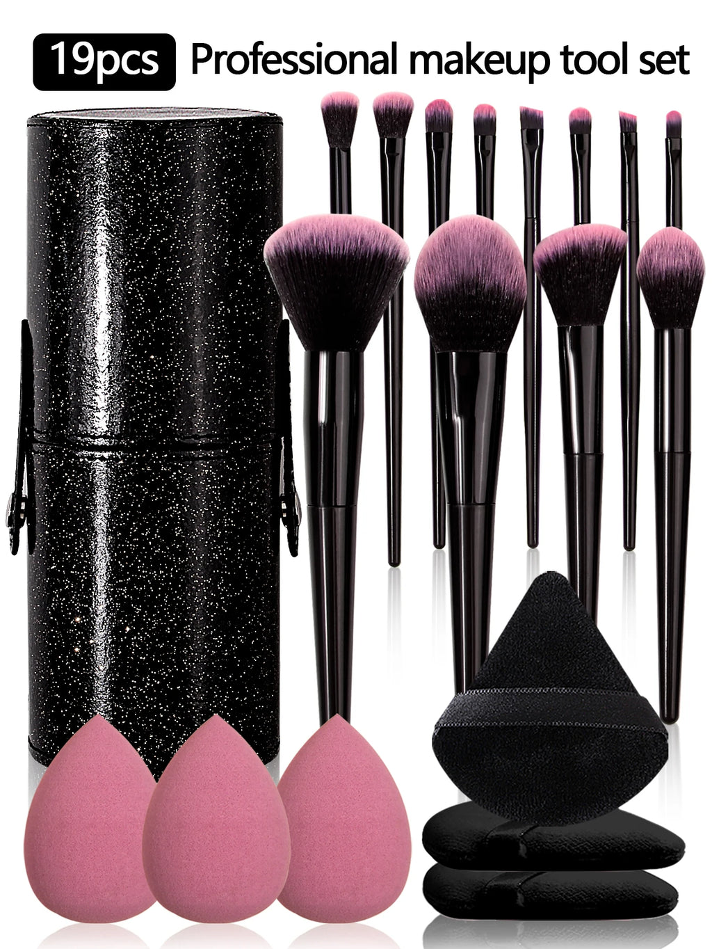 Ensemble professionnel de 1/12/19 pièces d'outils de maquillage combinés, 12 pinceaux, 6 houppettes de maquillage, œuf de maquillage, seau de maquillage étanche de grande capacité