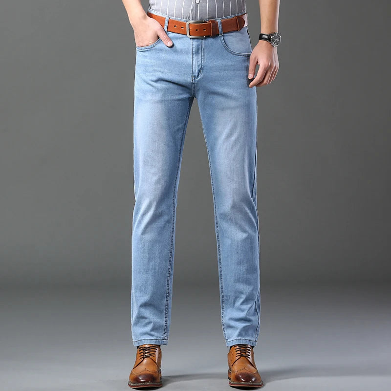 Men's Thin Jeans 2025 Summer New Style Business Casual Slim Fit Elastic Classic Style Trousers Sky Blue Pants Male size 28-40
