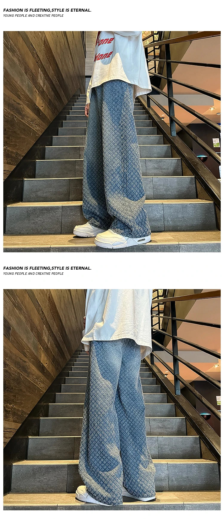 2024 Jeans men Fashion hombre Jacquard Pattern Denim Pants Male Straight Fitting Baggy Bottoms Distressed Wide Jeans For Men