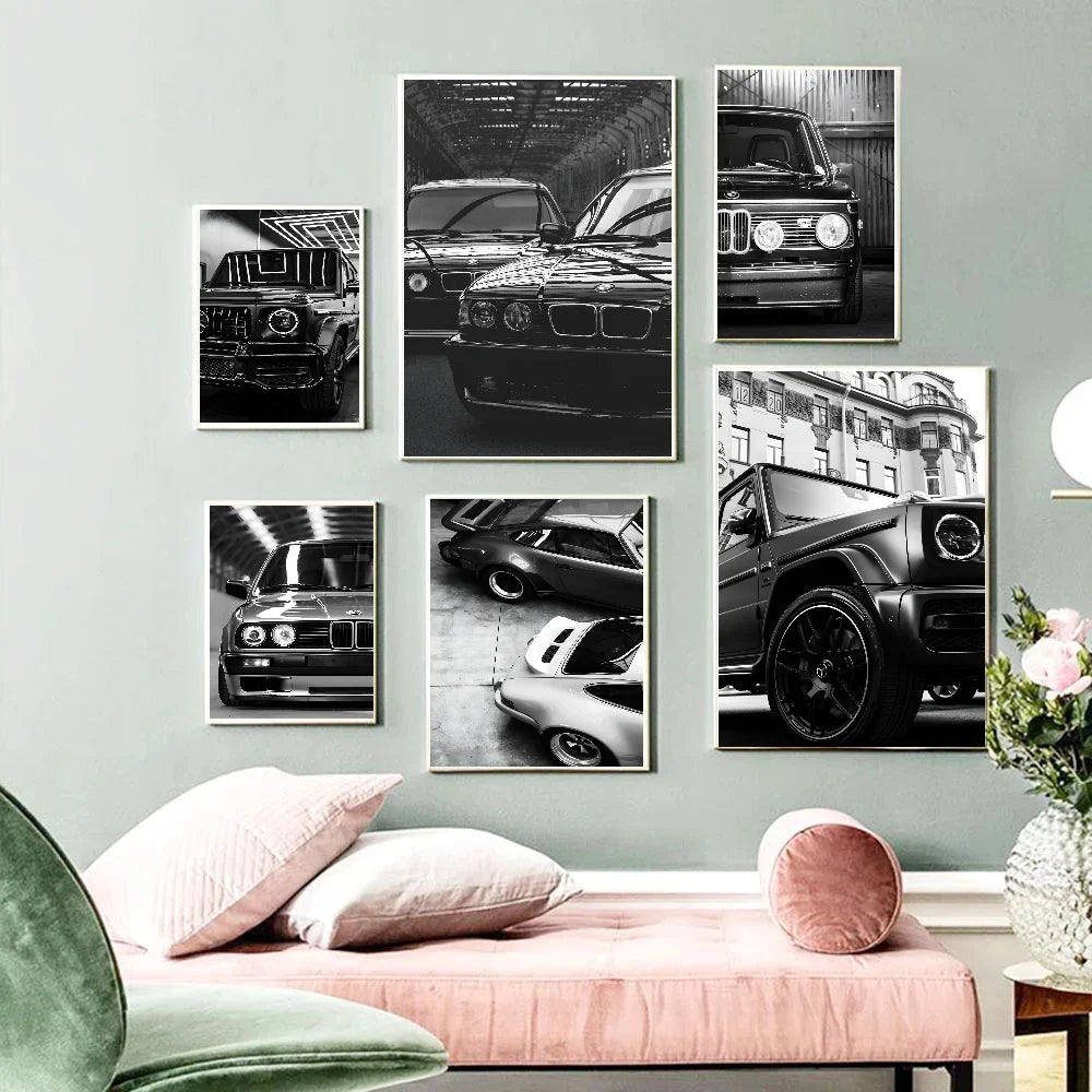 Affiche de voiture de luxe en noir et blanc, décoration murale moderne et tendance, affiche HD, décoration pour la maison, le bar, le café, peinture murale